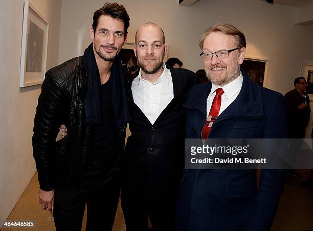 David Gandy, Rich Hardcastle and Jared Harris attend a private view of Rich Hardcastle's 'Dark Tales' at Mead Carney Gallery on January 23, 2014 in...