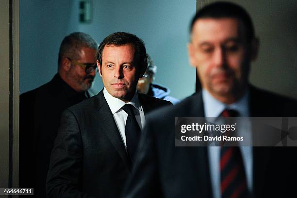 President Sandro Rosell and FCB Vice-President Josep Maria Bartomeu arrives to the press conference announcing his resgination as FCB president on...