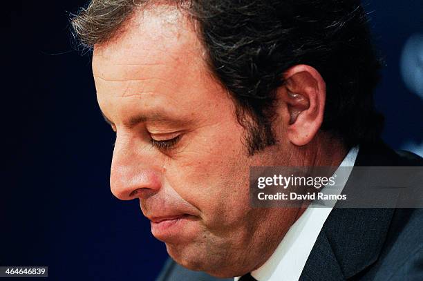 President Sandro Rosell looks down during the press conference announcing his resgination as FCB president on January 23, 2014 in Barcelona, Spain....