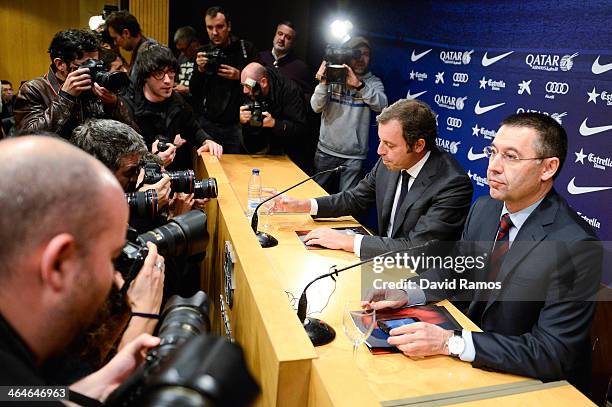 President Sandro Rosell and FCB Vice-President Josep Maria Bartomeu face the media during the press conference announcing his resgination as FCB...