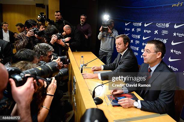 President Sandro Rosell and FCB Vice-President Josep Maria Bartomeu face the media during the press conference announcing his resgination as FCB...