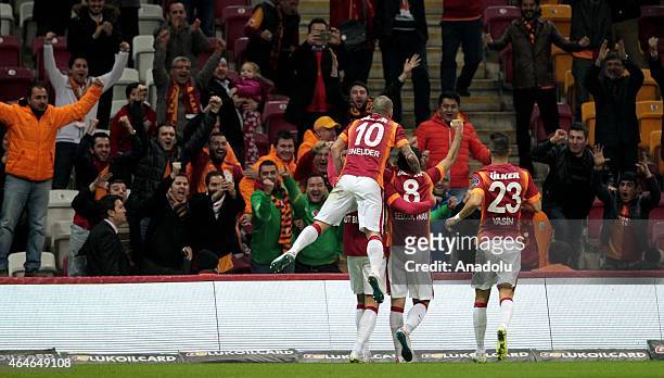 Footballers of Galatasaray celebrate after Umut Bulut scores the first goal of Galatasaray during the Turkish Spor Toto Super League soccer match...