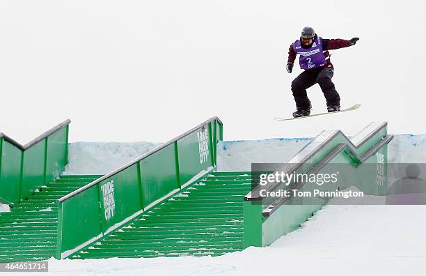 Cheryl Maas of the Netherlands competes during the FIS Snowboarding World Cup 2015 Ladies' Snowboard Slopestyle Final during the U.S. Grand Prix at...