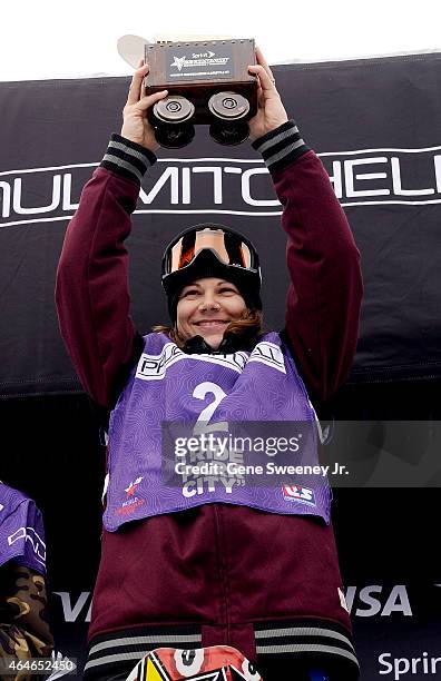 First place finisher Cheryl Maas of the Netherlands celebrates her win after the FIS Snowboard World Cup 2015 Women's Snowboard Slopestyle Final...