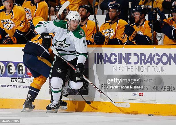 Dustin Jeffrey of the Dallas Stars skates against the Nashville Predators at Bridgestone Arena on January 20, 2014 in Nashville, Tennessee.