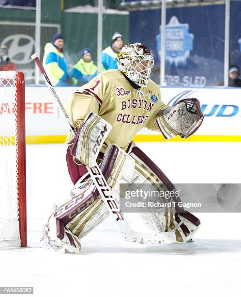 Brian Billett of the Boston College Eagles tends goal against the Notre Dame Fighting Irish during NCAA hockey action in the "Citi Frozen Fenway...