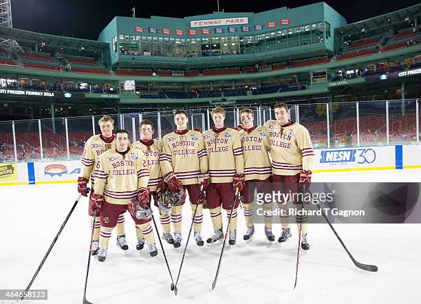The Boston College hockey freshman class of 2017 that played against the Notre Dame Fighting Irish Scott Savage, Austin Cangelosi, Ryan Fitzgerald,...