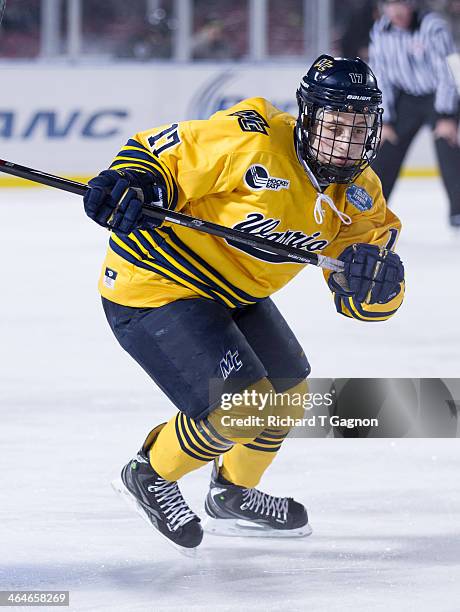 Ben Bahe of the Merrimack College Warriors gets ready to battle against the Providence College Friars during NCAA hockey action in the "Citi Frozen...