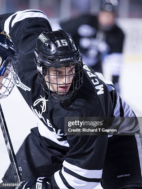 Steven McParland of the Providence College Friars faces-off against the Merrimack College Warriors during NCAA hockey action in the "Citi Frozen...