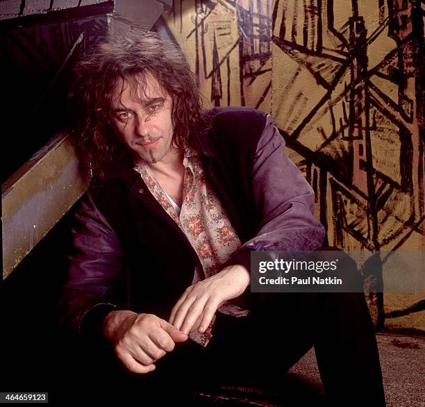 Portrait of Irish musician Bob Geldof as he poses backstage at an unspecified venue, Chicago, Illinois, May 3, 1993.