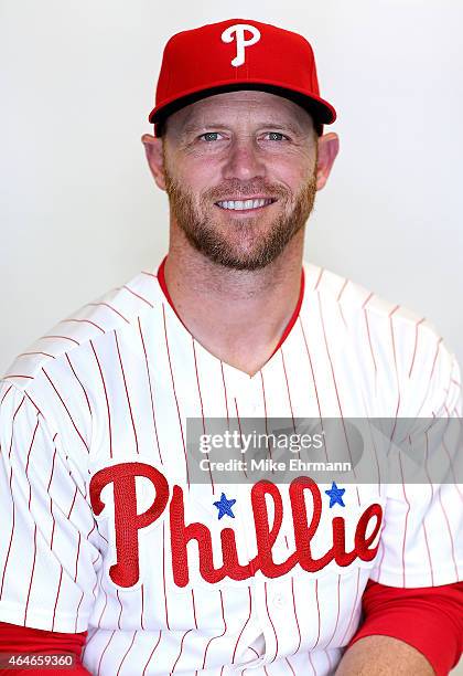 Koyie Hill of the Philadelphia Phillies poses for a portrait during photo day at Brighthouse Stadium on February 27, 2015 in Clearwater, Florida.