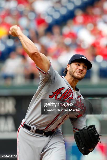 Brandon Beachy of the Atlanta Braves during a game against the Philadelphia Phillies at Citizens Bank Park on August 3, 2013 in Philadelphia,...