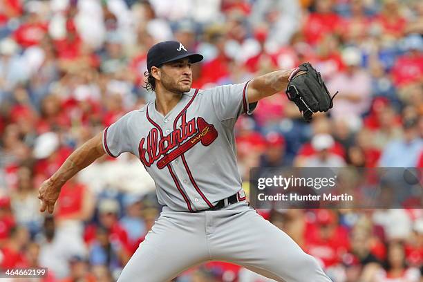 Brandon Beachy of the Atlanta Braves during a game against the Philadelphia Phillies at Citizens Bank Park on August 3, 2013 in Philadelphia,...