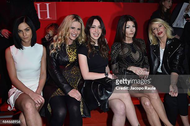 Leigh Lezark, Michelle Hunziker, Aurora Ramazzotti, Ilaria D'Amico, Alessa Marcuzzi attend the Versace show during the Milan Fashion Week...