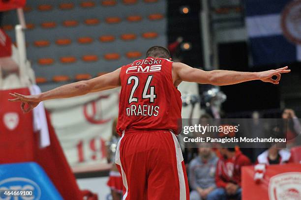 Matthew Lojeski, #24 of Olympiacos Piraeus react during the Turkish Airlines Euroleague Basketball Top 16 Date 8 game between Olympiacos Piraeus v...