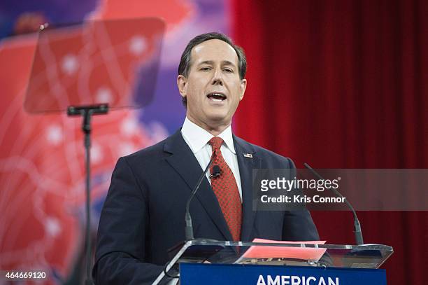 Former US Senator Rick Santorum addresses the 42nd annual Conservative Political Action Conference at the Gaylord National Resort Hotel and...