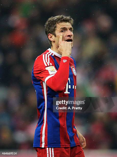 Thomas Mueller of FC Bayern Muenchen in action during the Bundesliga match between FC Bayern Muenchen and FC Koeln at Allianz Arena on February 27,...