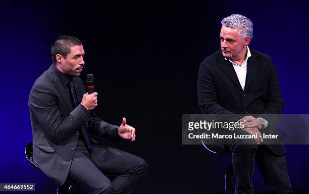 Ivan Ramiro Cordoba and Roberto Baggio during the Preview Screening of 'Zanetti Story' on February 27, 2015 in Milan, Italy.