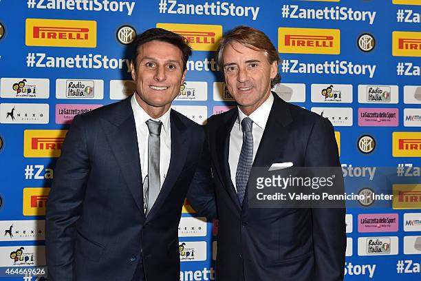 Javier Zanetti and FC Internazionale Milano head coach Roberto Mancini attend the Preview Screening of 'Zanetti Story' on February 27, 2015 in Milan,...