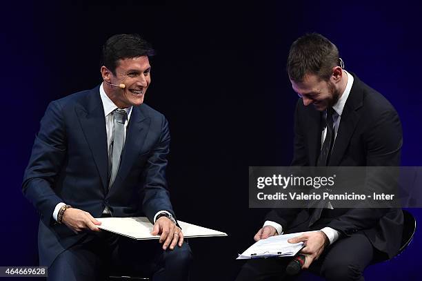 Javier Zanetti and Alessandro Cattelan attend the Preview Screening of 'Zanetti Story' on February 27, 2015 in Milan, Italy.