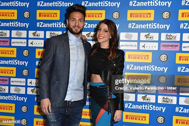 Danilo D Ambrosio of FC Internazionale Milano and Enza De Cristofaro attend during the Preview Screening of 'Zanetti Story' on February 27, 2015 in...