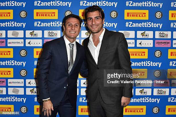 Javier Zanetti and Nicola Ventola attend the Preview Screening of 'Zanetti Story' on February 27, 2015 in Milan, Italy.