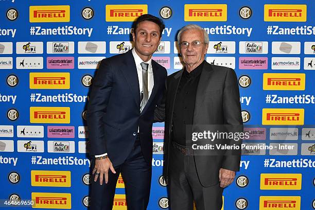 Javier Zanetti and Luigi Simoni attend the Preview Screening of 'Zanetti Story' on February 27, 2015 in Milan, Italy.