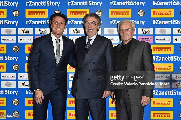 Javier Zanetti , Massimo Moratti and Luigi Simoni attend the Preview Screening of 'Zanetti Story' on February 27, 2015 in Milan, Italy.