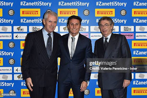 Marco Tronchetti Provera , Javier Zanetti and Massimo Moratti attend the Preview Screening of 'Zanetti Story' on February 27, 2015 in Milan, Italy.