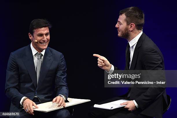 Javier Zanetti and Alessandro Cattelan attend the Preview Screening of 'Zanetti Story' on February 27, 2015 in Milan, Italy.