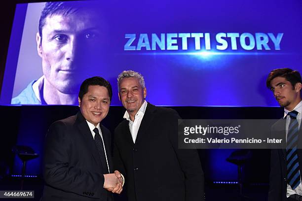 Internazionale Milano president Erick Thohir and Roberto Baggio attend the Preview Screening of 'Zanetti Story' on February 27, 2015 in Milan, Italy.