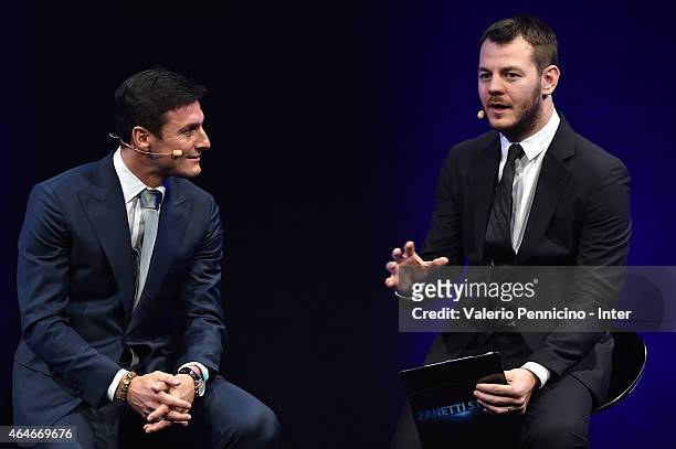 Javier Zanetti and Alessandro Cattelan attend the Preview Screening of 'Zanetti Story' on February 27, 2015 in Milan, Italy.