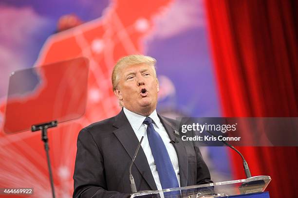 Donald Trump addresses the 42nd annual Conservative Political Action Conference at the Gaylord National Resort Hotel and Convention Center on...