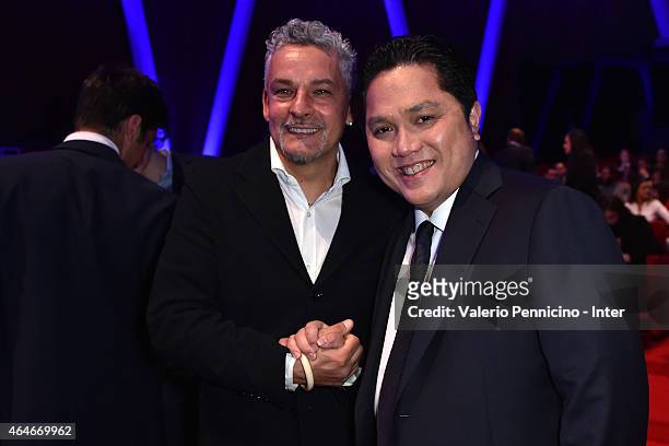 Internazionale Milano president Erick Thohir and Roberto Baggio attend the Preview Screening of 'Zanetti Story' on February 27, 2015 in Milan, Italy.