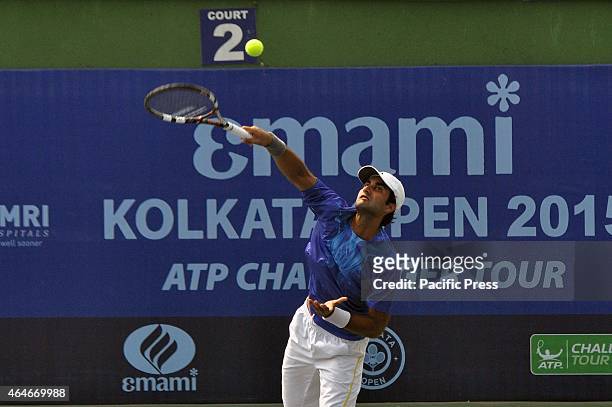 Indian tennis player Yuki Bhambri in action during the Emami Kolkata Open 2015 - ATP Challenger Tour.