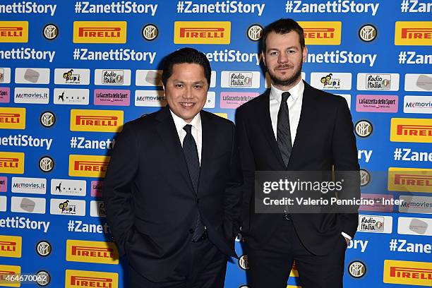 Internazionale Milano president Erick Thohir and Alessandro Cattelan attend the Preview Screening of 'Zanetti Story' on February 27, 2015 in Milan,...