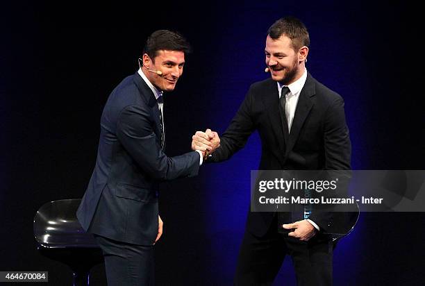 Javier Zanetti and Alessandro Cattelan during the Preview Screening of 'Zanetti Story' on February 27, 2015 in Milan, Italy.