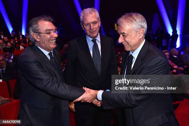 Massimo Moratti , Marco Tronchetti Provera and Mayor of Milano Giuliano Pisapia attend the Preview Screening of 'Zanetti Story' on February 27, 2015...