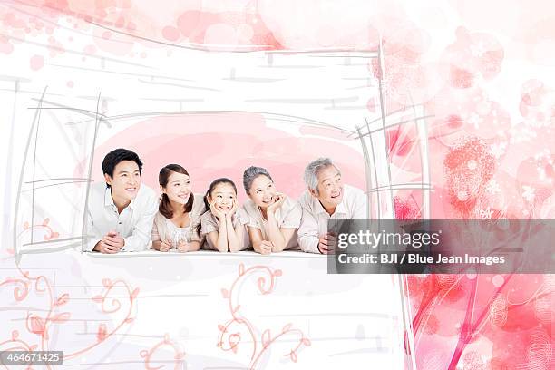 happy family looking at view through window - asian mother daughter stock illustrations