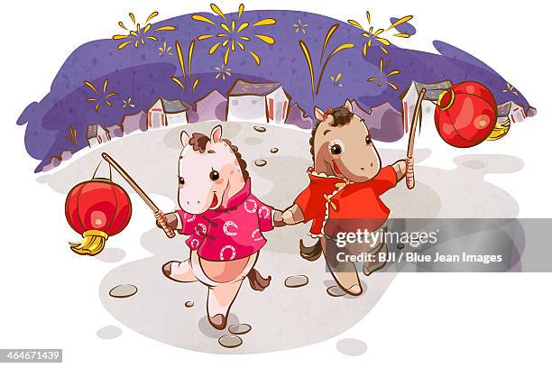 ilustraciones, imágenes clip art, dibujos animados e iconos de stock de cute horses with lanterns celebrating chinese new year - petardos