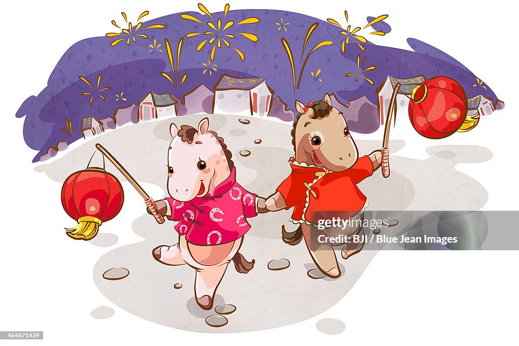 Cute horses with lanterns celebrating Chinese New Year