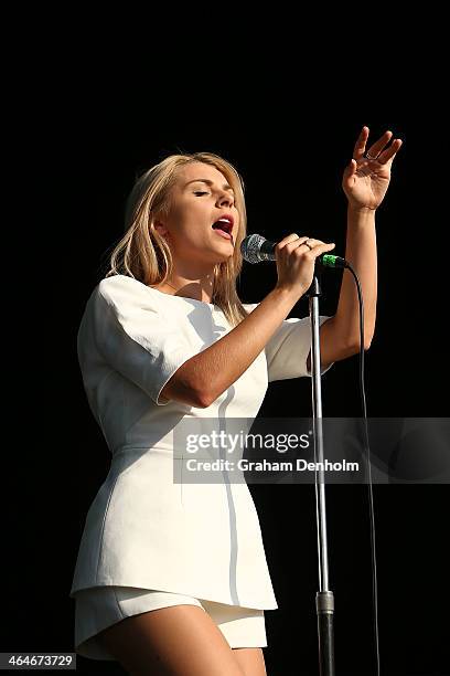 Owl Eyes aka Brooke Addamo performs during during day 11 of the 2014 Australian Open at Melbourne Park on January 23, 2014 in Melbourne, Australia.