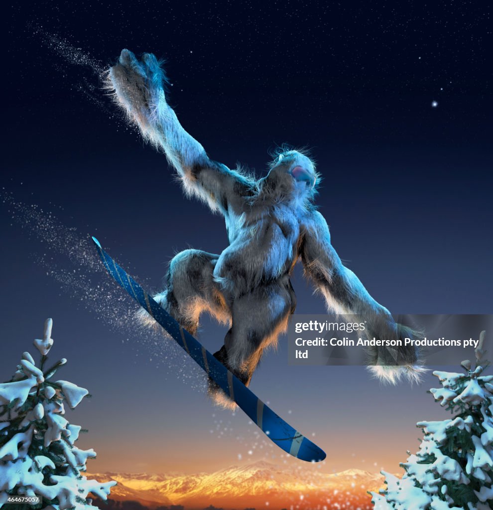 Yeti riding snowboard mid-air