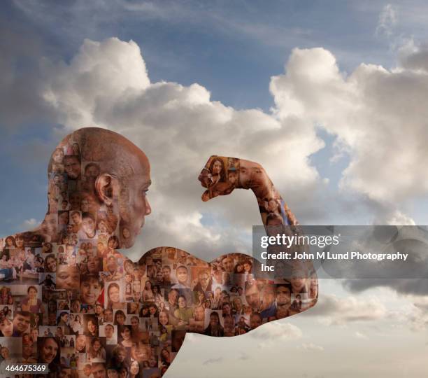 collage of people's faces in athlete's muscles - group of people flexing biceps stock pictures, royalty-free photos & images