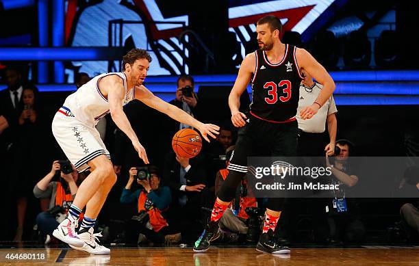 Pau Gasol of the Eastern Conference in action against Marc Gasol of the Western Conference during the 2015 NBA All-Star Game at Madison Square Garden...