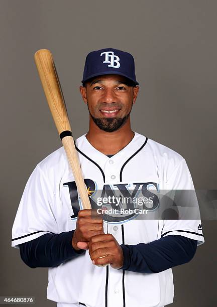 Alexi Casilla of the Tampa Bay Rays poses for a photo on photo day at Charlotte Sports Park on February 27, 2015 in Port Charlotte, Florida.