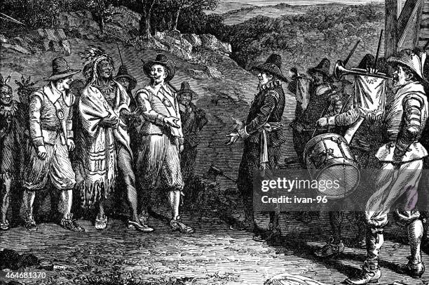 pilgrims receiving massasoit - colonial america stock illustrations