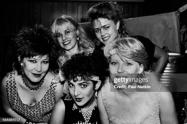 Portrait of the music group the Go-Go's as they pose backstage at an unspecified venue, Chicago, Illinois, July 30, 1981. Pictured are, from left,...