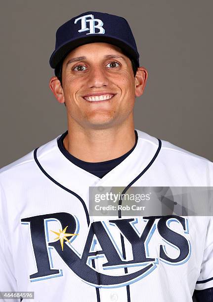 Mikie Mahtook of the Tampa Bay Rays poses for a photo on photo day at Charlotte Sports Park on February 27, 2015 in Port Charlotte, Florida.