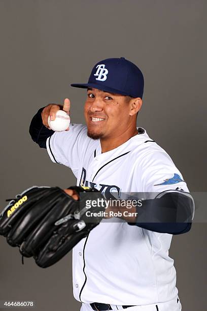 Ernesto Frieri of the Tampa Bay Rays poses for a photo on photo day at Charlotte Sports Park on February 27, 2015 in Port Charlotte, Florida.